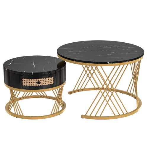 2 In 1 Round Coffee Table Made Of MDF With Marble Grain Veneer Top, Rattan Drawers And Solid Wood Handles. Gold Coloured Iron Legs. 70x70x45.5 50x50x38.5cm - Image 5