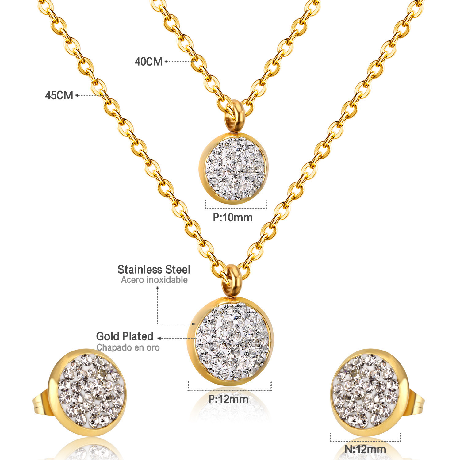 White Mud Pendant Double Chain Gold Stainless Steel Jewelry Set For Women - Image 4