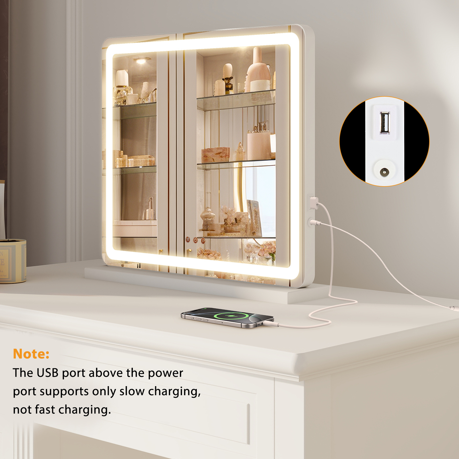 Vanity Mirror With Lights, LED Makeup Mirror With Dimmable 3 Color Modes, Touch Screen Control Vanity Based Mirror Desk Mirror Square White - Image 4