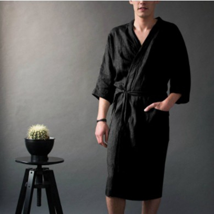 Men's And Women's Long Solid Color Linen Pajamas Robe Bathrobe - Image 10