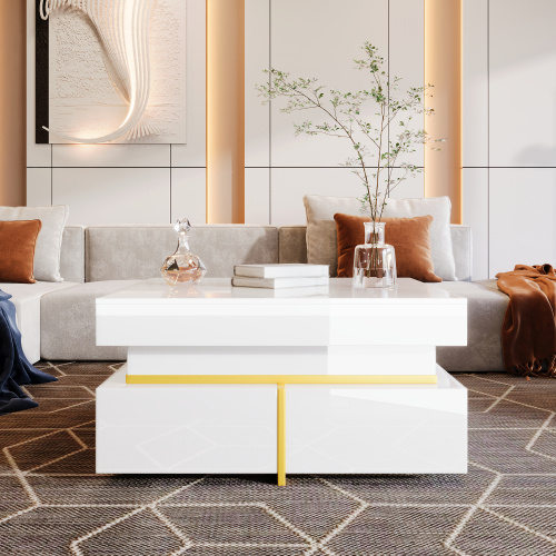 Coffee Table, High-Gloss Living Room Table, Side Table With Drawers And Gold Accents - Image 4