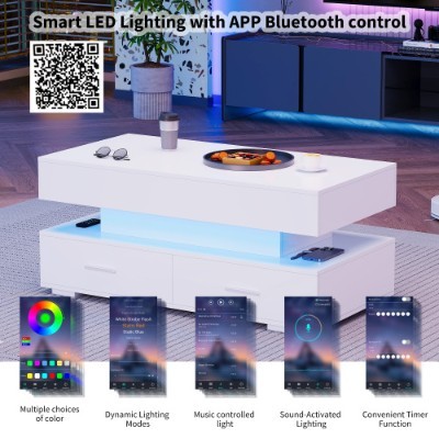 Hydraulic Lift Top Coffee Table, LED Coffee Tables With Storage For Living Room, Coffee Table With 2 Drawers & LED Light For Dining Reception Room, White - Image 5