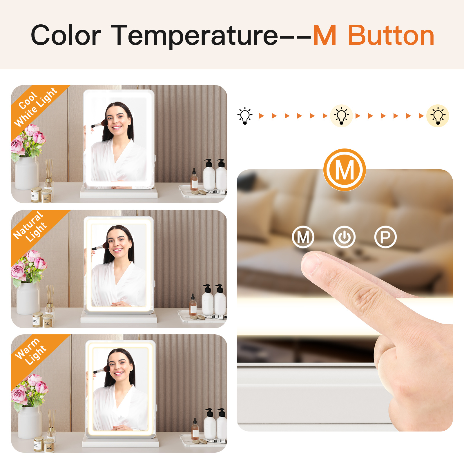Vanity Mirror With Lights, LED Makeup Mirror With Dimmable 3 Color Modes, Touch Screen Control Vanity Based Mirror Desk Mirror Square White - Image 6