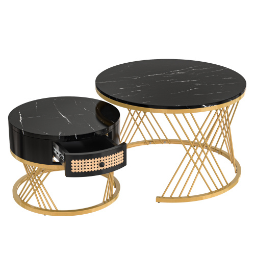 2 In 1 Round Coffee Table Made Of MDF With Marble Grain Veneer Top, Rattan Drawers And Solid Wood Handles. Gold Coloured Iron Legs. 70x70x45.5 50x50x38.5cm - Image 6