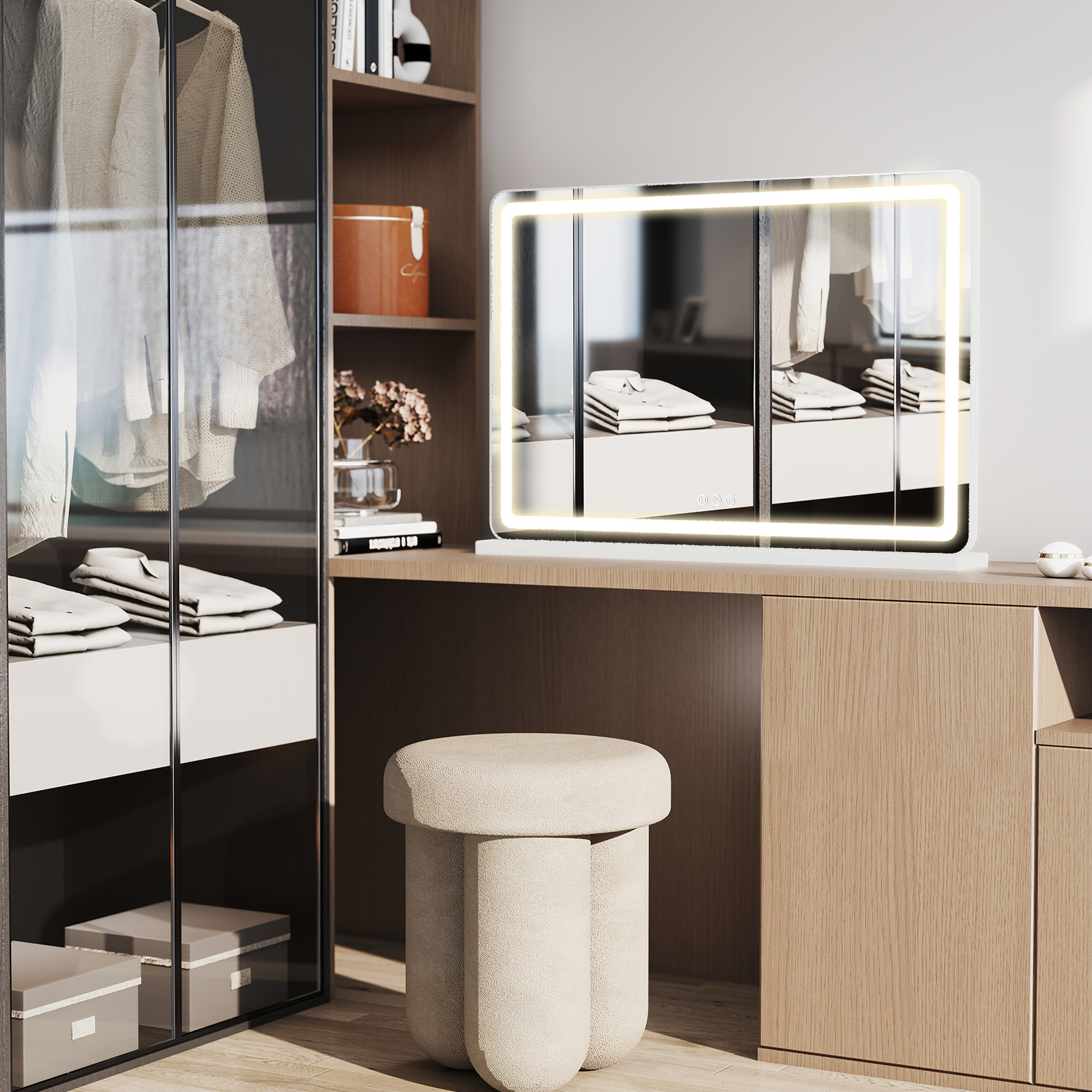 Vanity Mirror With Lights, LED Makeup Mirror With Dimmable 3 Color Modes, Touch Screen Control Vanity Based Mirror Desk Mirror Square White - Image 7