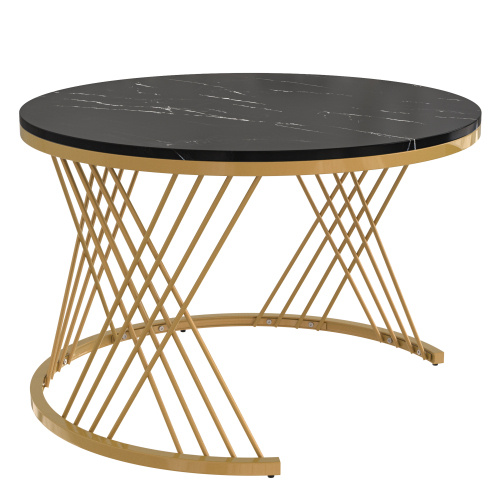 2 In 1 Round Coffee Table Made Of MDF With Marble Grain Veneer Top, Rattan Drawers And Solid Wood Handles. Gold Coloured Iron Legs. 70x70x45.5 50x50x38.5cm - Image 2