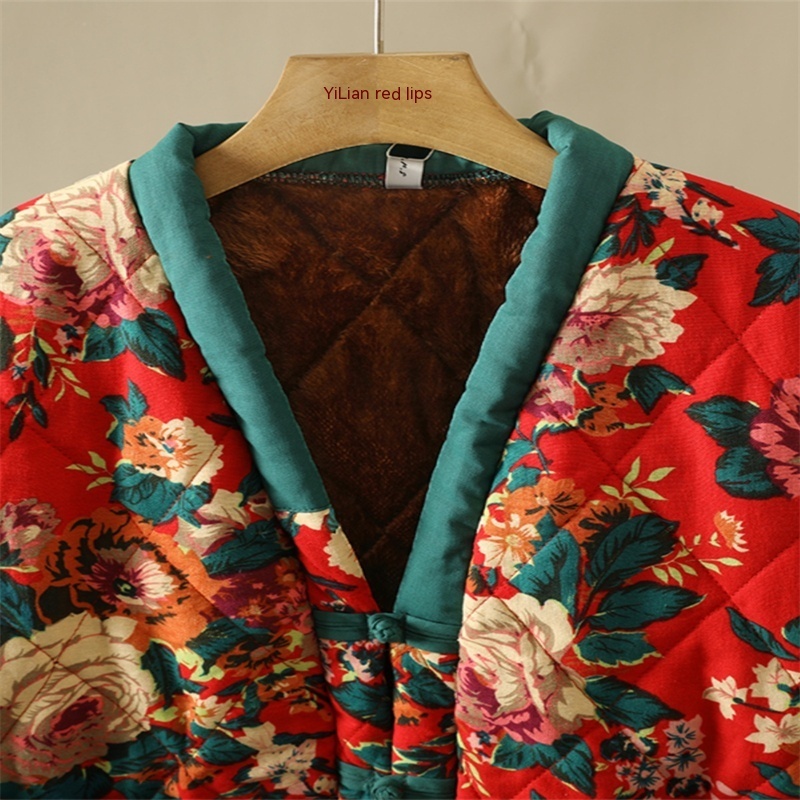 Floral Jacket Ethnic Print Fleece-lined Thickened Cotton-padded Coat Plus Size Women's Clothing - Image 6