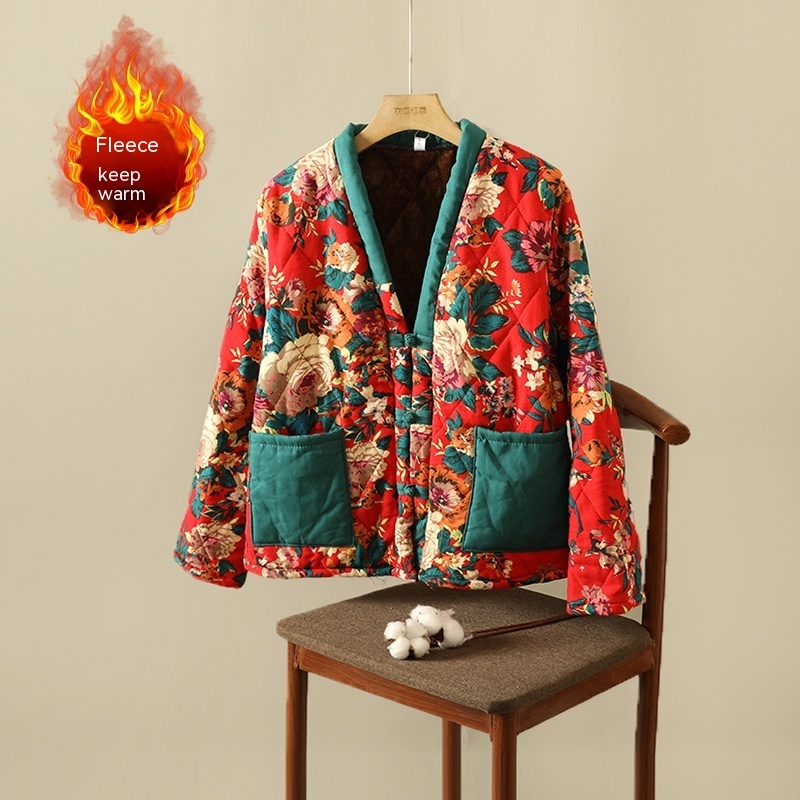 Floral Jacket Ethnic Print Fleece-lined Thickened Cotton-padded Coat Plus Size Women's Clothing - Image 5
