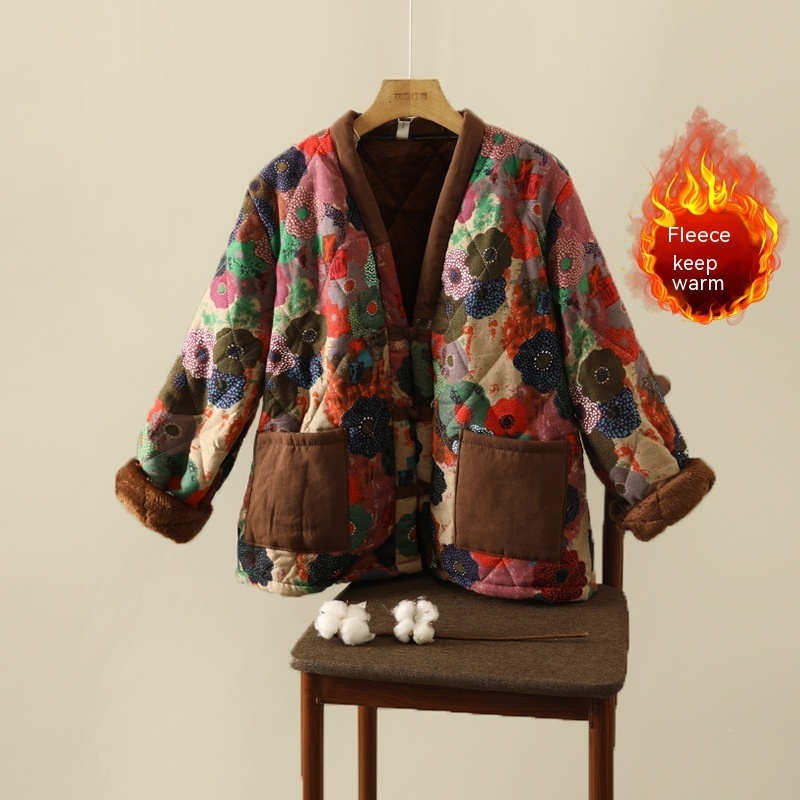 Floral Jacket Ethnic Print Fleece-lined Thickened Cotton-padded Coat Plus Size Women's Clothing - Image 3