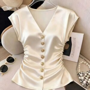 Womens Solid-Color Satin V-Neck Pleated Waist-Cinching Shirt