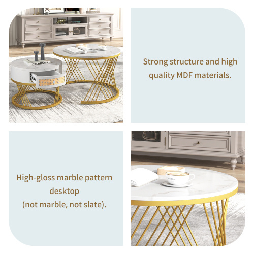 2 In 1 Round Coffee Table Made Of MDF With Marble Grain Veneer Top, Rattan Drawers And Solid Wood Handles. Gold Coloured Iron Legs. 70x70x45.5 50x50x38.5cm - Image 7