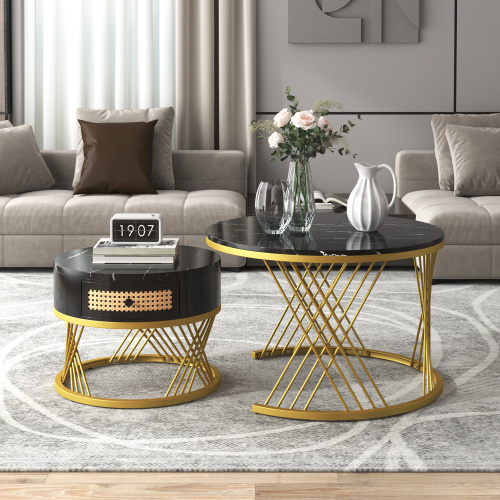 2 In 1 Round Coffee Table Made Of MDF With Marble Grain Veneer Top, Rattan Drawers And Solid Wood Handles. Gold Coloured Iron Legs. 70x70x45.5 50x50x38.5cm