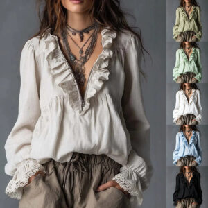 2026 European And American Cross-border Ruffle Top, Half-zip V-neck, Loose Bohemian Lace Bell-sleeve Long Shirt