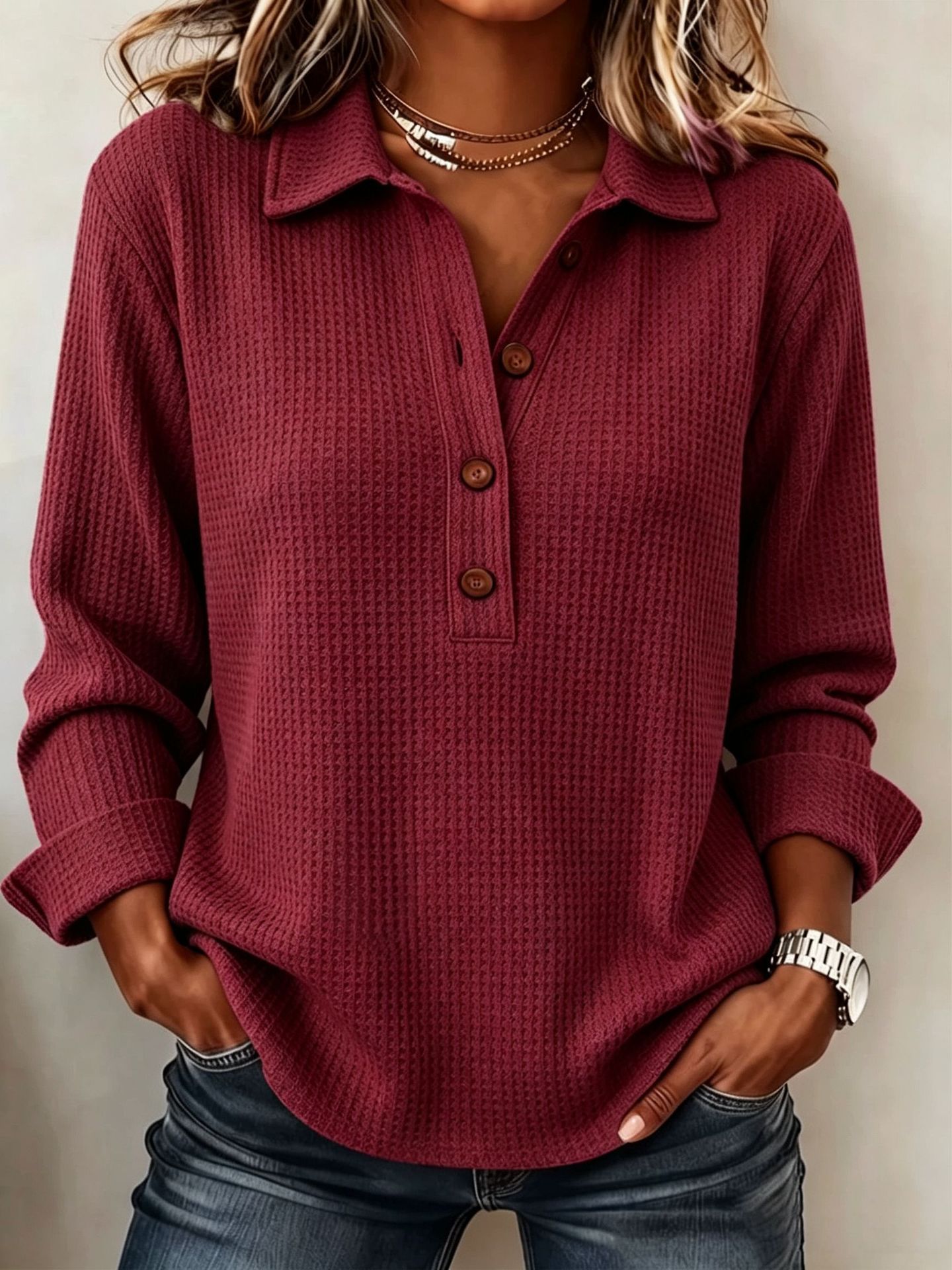 Women's Waffle-Pattern Polo-Neck Long-Sleeved T-Shirt - Image 2