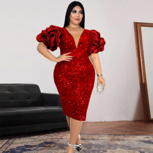 Women's Sexy V-Neck Ruffle-Sleeve Dress