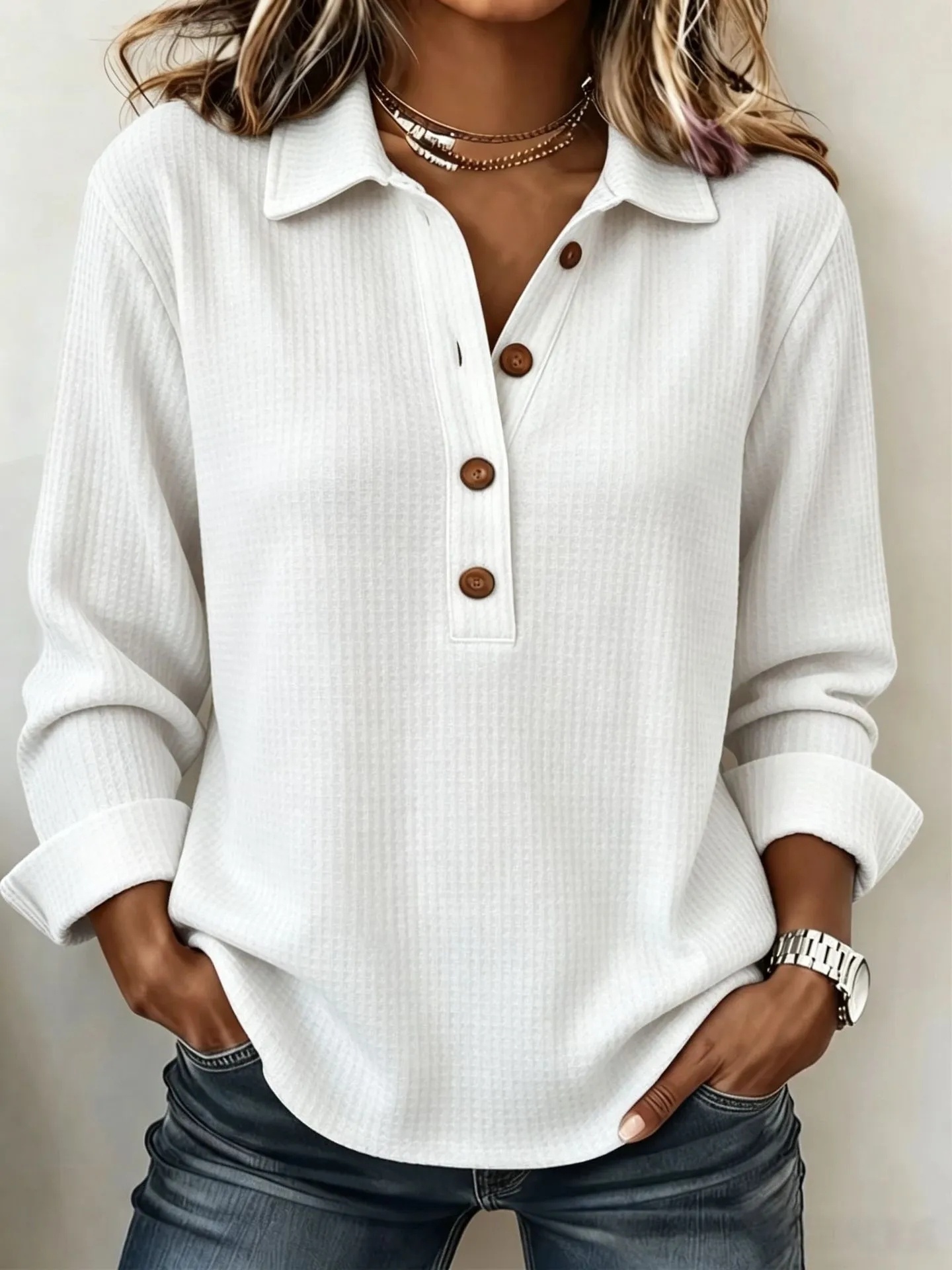 Women's Waffle-Pattern Polo-Neck Long-Sleeved T-Shirt - Image 4