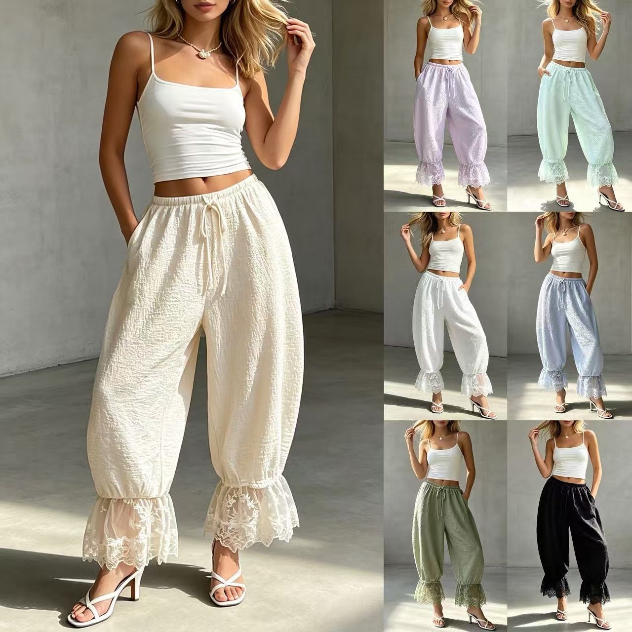 Mid-rise Drawstring Lace-trimmed Bloomers Loose-fitting Bohemian-style Multi-color Ankle-length Pants With Elastic Cuffs