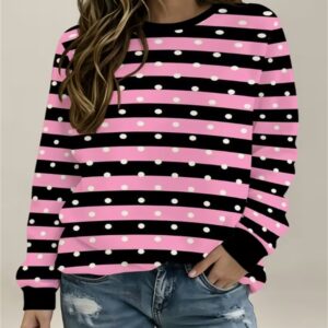 Women's Pink Black Stripe & White Polka Dot Print Crew Neck Sweatshirt, Long Sleeve Casual Pullover Top