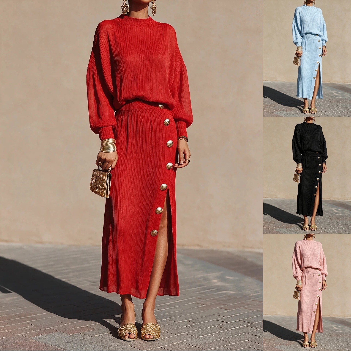 Top And Slit Skirt Two-piece Set