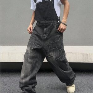 Men Black Denim Overalls Loose Fit Bib Pants Workwear Style Casual Jeans Jumpsuit Wholesale Ready Stock