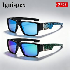 2 Pcs Men Square Polarized Sunglasses Uv400 Protective Mirrored Lens Eyewear Fashionable Printed Temple Suitable For Driving Fishing Hiking And Other Outdoor Sports Activities.