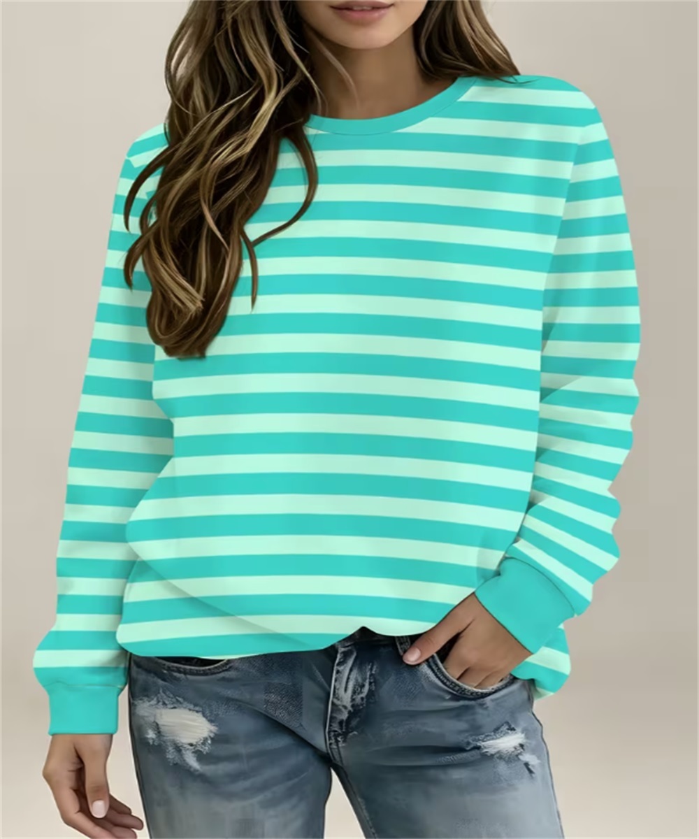 Women's Pink Yellow Horizontal Stripe Print Crew Neck Sweatshirt, Long Sleeve Casual Pullover Top - Image 3