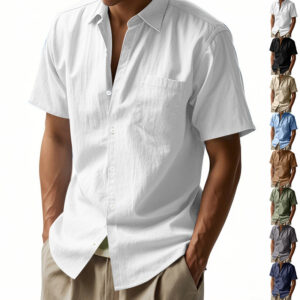 Independent Station American Cross-Border Men's Hawaiian Style Linen Loose Casual Henry Collar Lapel Casual Short-Sleeved Shirt