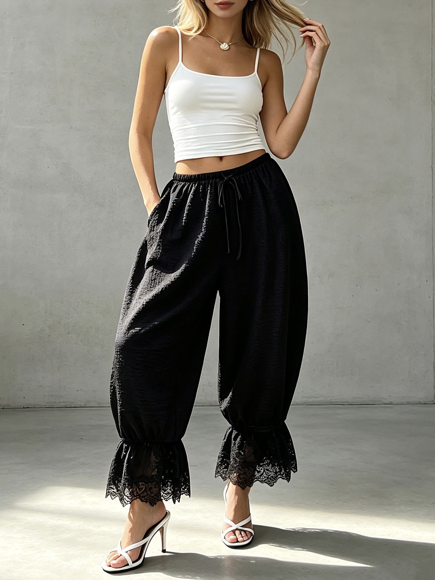 Mid-rise Drawstring Lace-trimmed Bloomers Loose-fitting Bohemian-style Multi-color Ankle-length Pants With Elastic Cuffs - Image 10