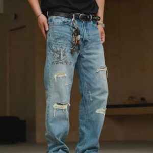 Graphic Print Jeans Men Relaxed Fit Light Blue Denim Pants Distressed Streetwear Plus Size Big Tall Ready Stock